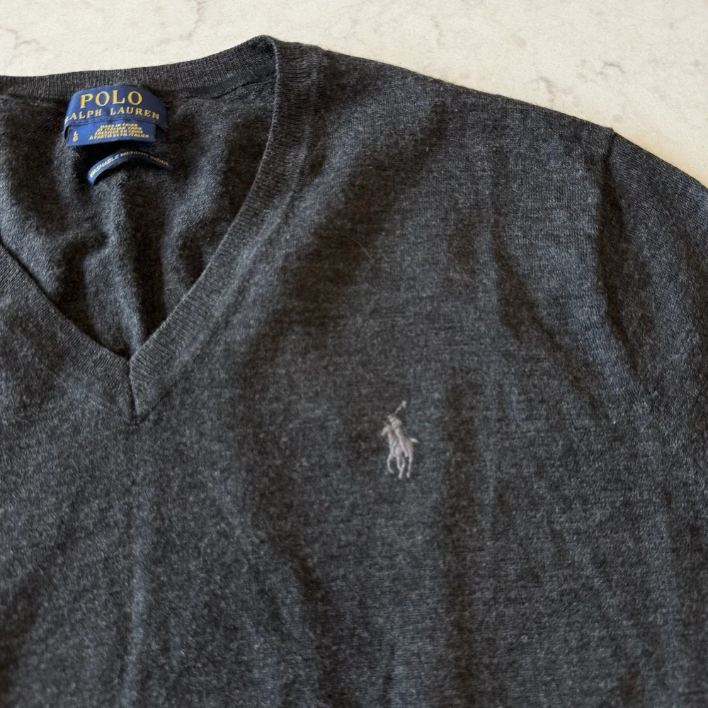 POLO Ralph Lauren Washable Merino Wool V-neck Sweater Large Gray Graphite